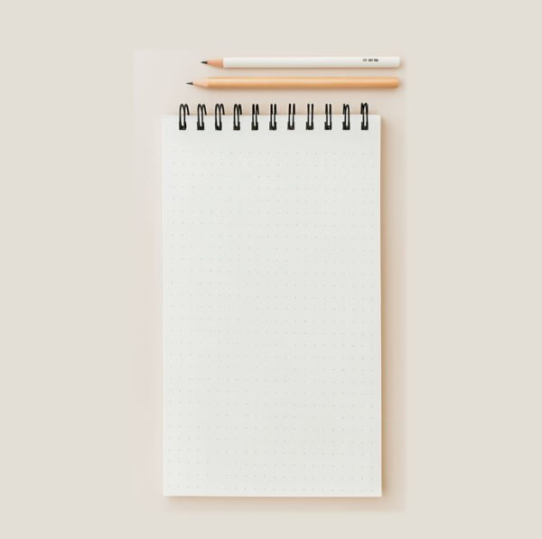 parte interna de la libreta de notas tamaño 21cm por 10 cm, con hojas punteadas